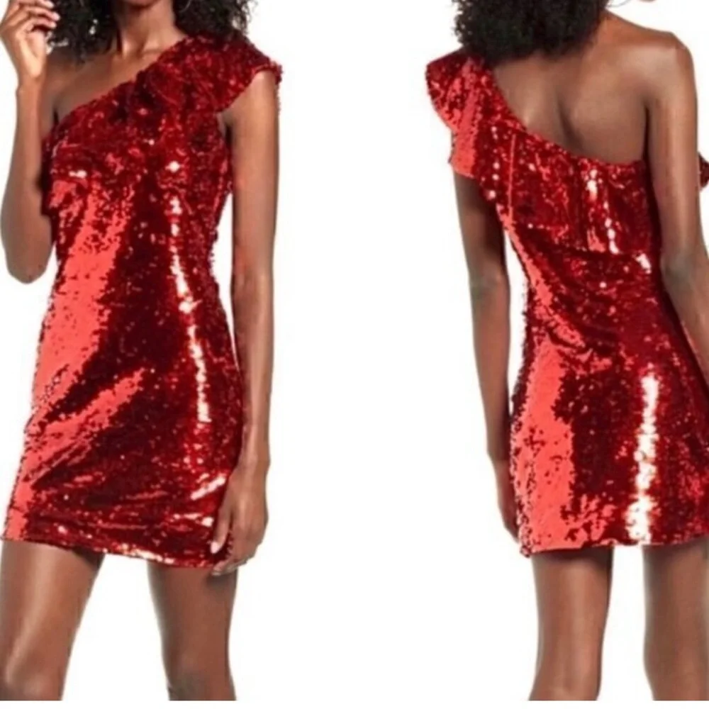 Leith Red Lava One Shoulder Mini Ruffle Dress Size Medium